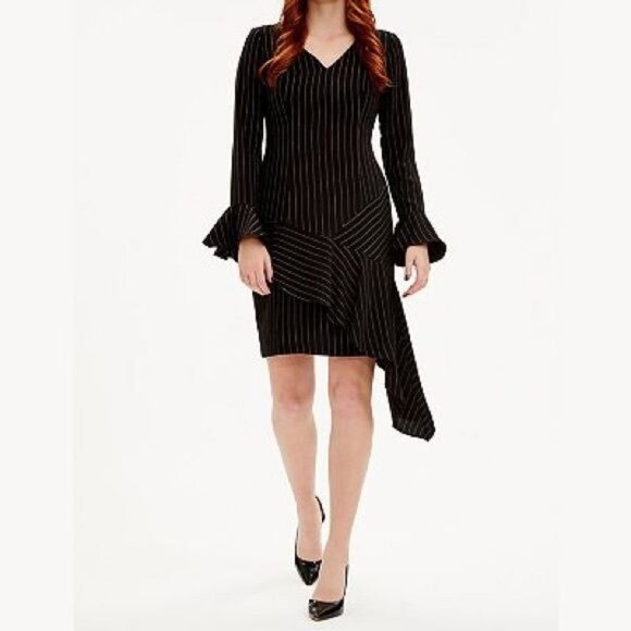 New Focus by Shani Pinstriped Asymmetrical Dress with Ruffle Hem Bell Sleeves 4 - Picture 1 of 10